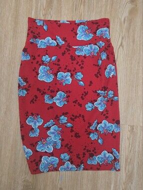 LuLaRoe Red Pencil Skirt with Blue Floral Print